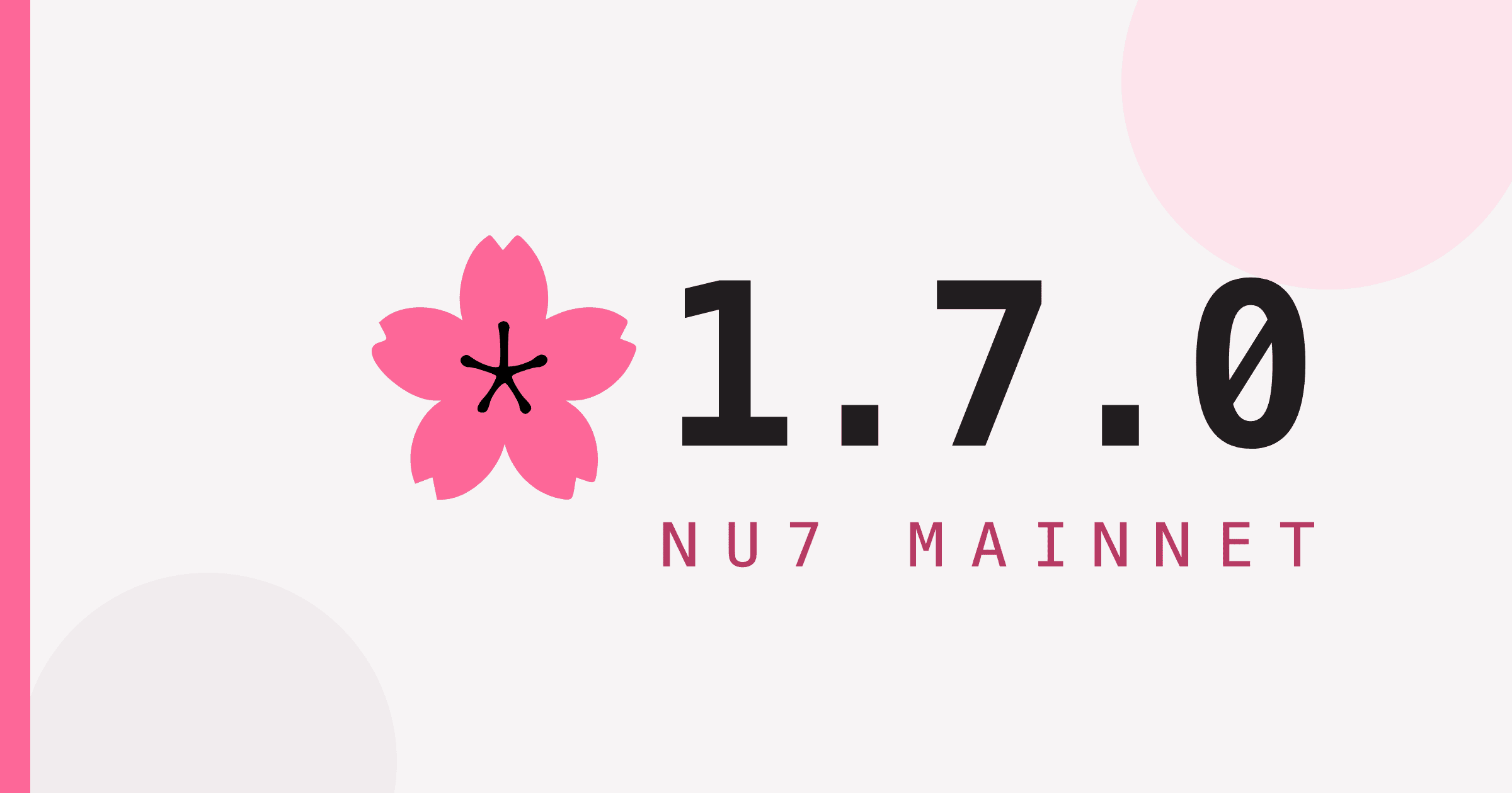 Zakura 1.7.0 release art on a pale paper field with soft pink circles: the pink zakura flower logo on the left, 1.7.0 in large ink numerals to its right, and NU7 MAINNET letter-spaced in deep pink beneath.