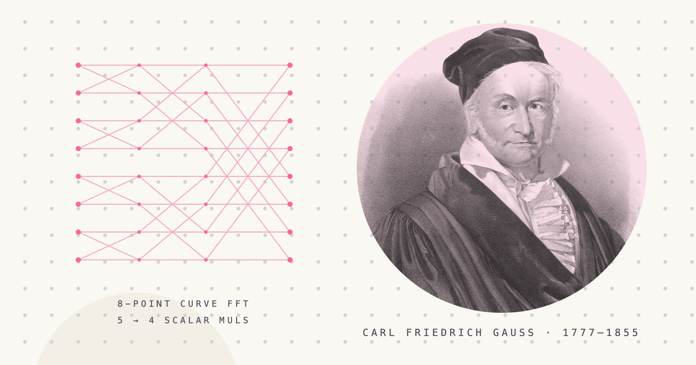 Lithograph portrait of Carl Friedrich Gauss on a pale pink disc, beside an eight-point FFT butterfly network drawn in pink, captioned 8-point curve FFT, five to four scalar multiplications.