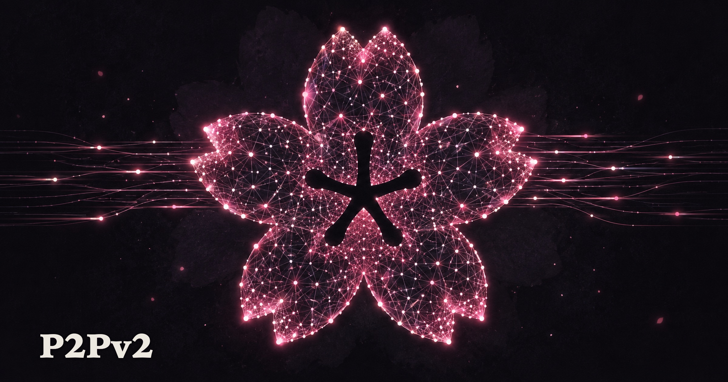 Glowing mesh of pink nodes and edges forming a five-petal zakura blossom on a night-black field, with luminous data strands streaming horizontally through it, and P2Pv2 lettered in the lower left.