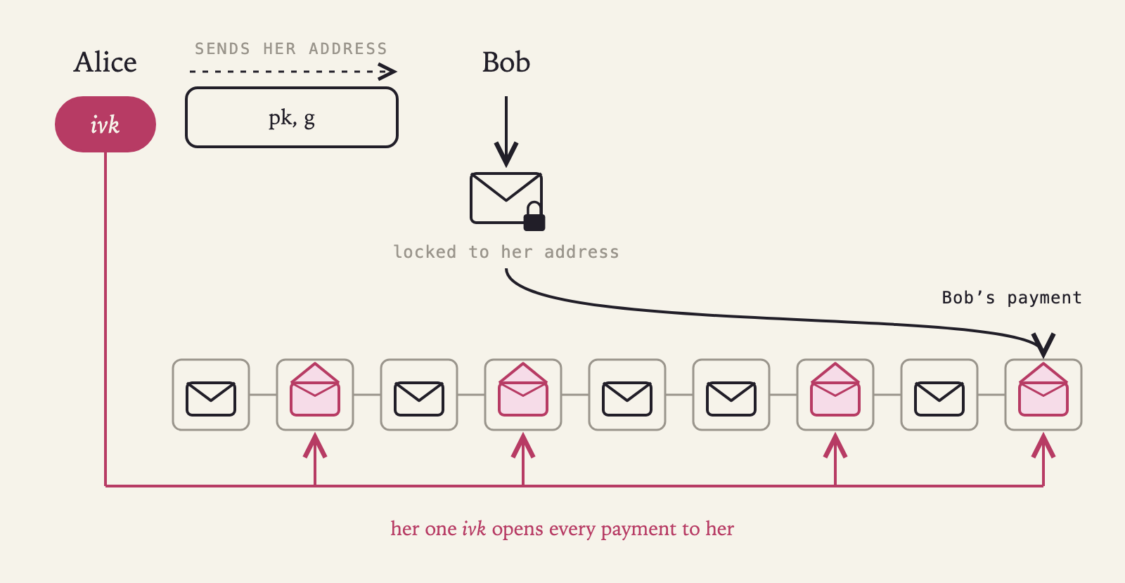 Alice sends Bob her address, pk and g. Bob's payment, locked to her address, lands on a chain of nine blocks. A rose line from Alice's one ivk runs under the chain and opens four notes on it, Bob's payment among them, while the other notes stay sealed.