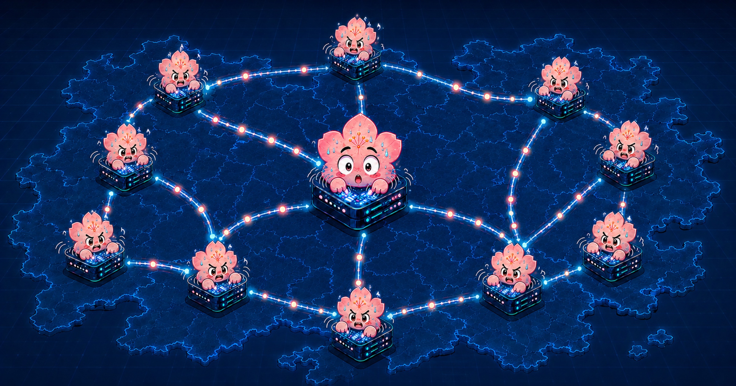 Cartoon illustration of a stressnet: pink zakura blossom characters type furiously on glowing server boxes spread across a dark world map, linked by beams carrying bright packets, with one wide-eyed blossom at the central node.
